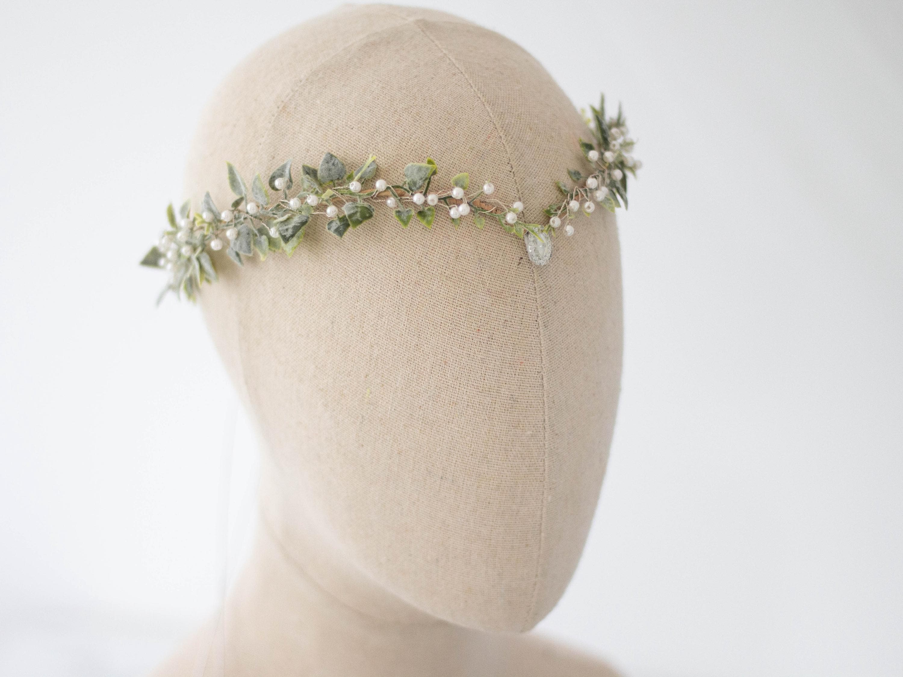 Elven Crown, Fairy Tiara, Dainty Twig Headband, Green White