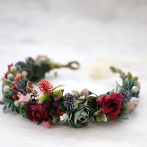 Burgundy flower crown wedding, red bridal crown, bridesmaid marsala floral crown, deep green flower headband