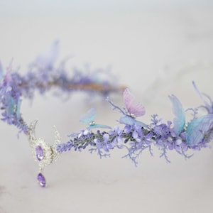 Moon tiara, butterfly flower crown, crescent moon headband, purple elven circlet, dainty flower halo, fairy headress costume, witch crown image 8