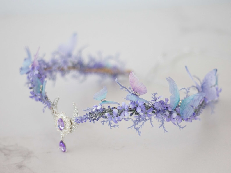 Moon tiara, butterfly flower crown, crescent moon headband, purple elven circlet, dainty flower halo, fairy headress costume, witch crown image 8