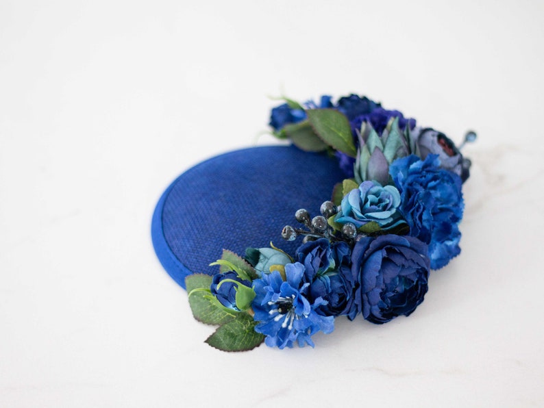Royal blue fascinator hats for women derby, royal ascot hat, wedding guest floral headpiece, tea party head piece, women's fascinator image 5