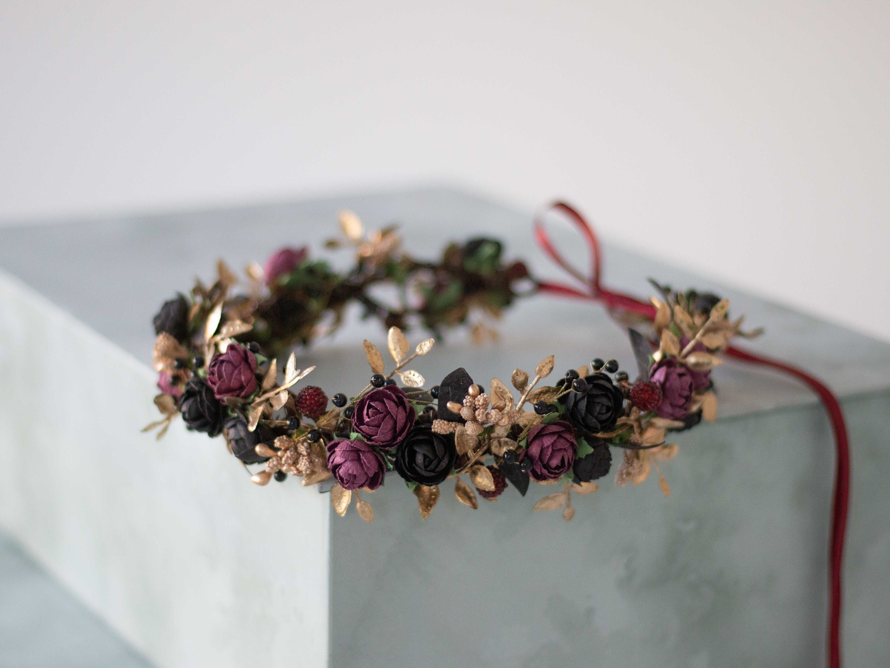 Gold Black Burgundy Flower Crown Floral Headband for Women Boho Bride Bridesmaid Flower Girl Halo Adjustable Goddess Headpiece Headdress Etsy UK