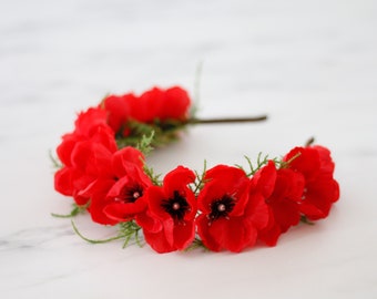 Red poppy flower headband, poppy flower crown wedding