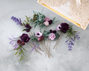 Dark purple floral hair pins, lavender flower hair piece bridal, purple flower bobby pins, wedding hair pin set, bridesmaid hair pin
