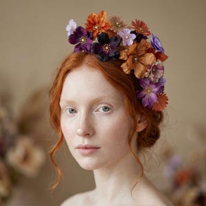 Purple & Rust Orange Flower Headband: Romantic Fascinator Hairband
