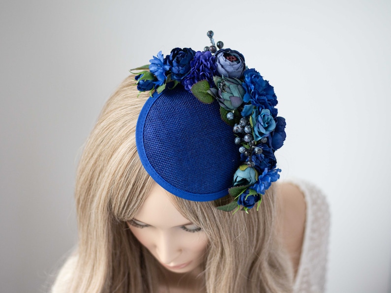 Royal blue fascinator hats for women derby, royal ascot hat, wedding guest floral headpiece, tea party head piece, women's fascinator image 4