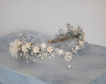 Bridal elven tiara: fairytale wedding headpiece, off white & silver flower crown