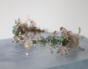 Sage green elven crown with dangling crystal and dainty flowers