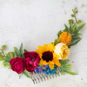 Sunflower hair comb, colorful flower comb for wedding, bright bridal comb, mexican flower hair comb, rainbow floral headpiece image 1