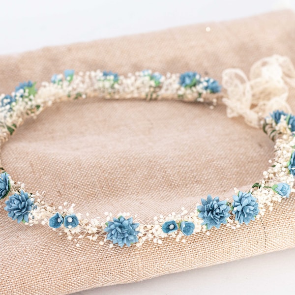 Dried baby's breath flower headband wedding, dusty blue hair wreath, babies breath flower crown, bride bridesmaids flower girl halo