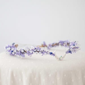 Lavender elven circlet, crescent moon crown, fantasy wedding headpiece, gold elf crown, fairy costume, fairytale halo, purple elven tiara