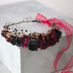 Gold black burgundy flower crown, dark flower headband, black flower halo image 3