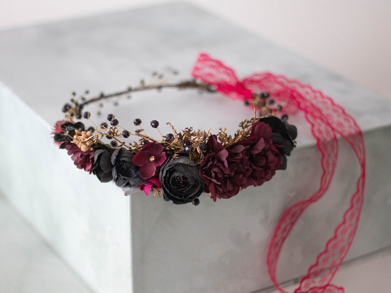 Gold black burgundy flower crown, dark flower headband, black flower halo image 3