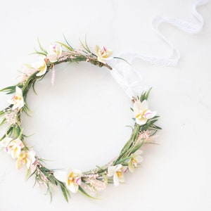 Tropical flower crown, pastel flower crown, orchid flower headband, hawaiian wedding party, destination wedding, white yellow flower crown