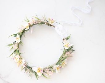 Tropical flower crown, pastel flower crown, orchid flower headband, hawaiian wedding party, destination wedding, white yellow flower crown