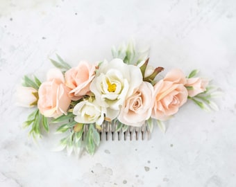 Flower hair comb wedding, peach ivory flower hair comb, pastel bridal comb, woodland flower comb, rustic floral hair comb