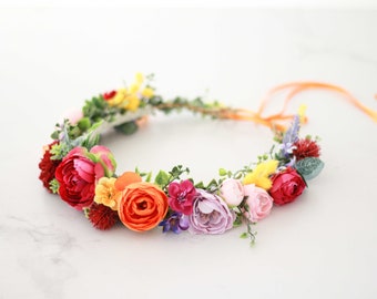 Colorful flower crown, rainbow hair wreath, bohemian flower crown, tie back floral halo, festival headpiece, bright flower girl head band