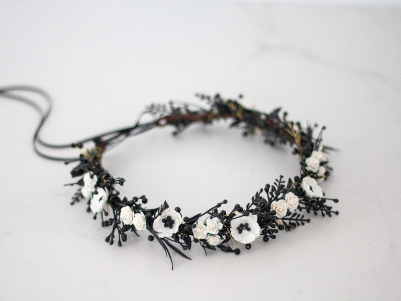 Black white flower crown wedding, dainty flower headband, dark hair crown headpiece, gothic goth wedding hairband, woman bridesmaid halo image 1