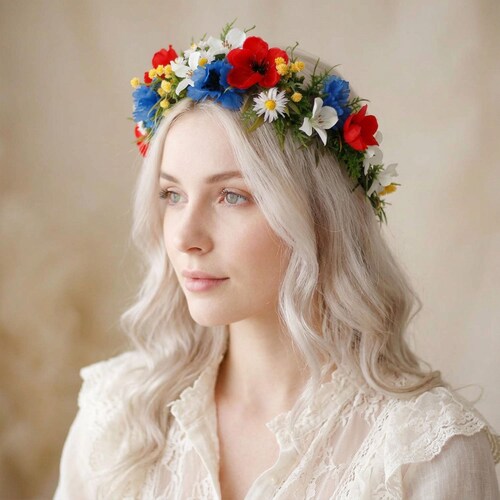 Red Poppy & Cornflower Crown: Country Floral Wreath - Etsy display picture 3