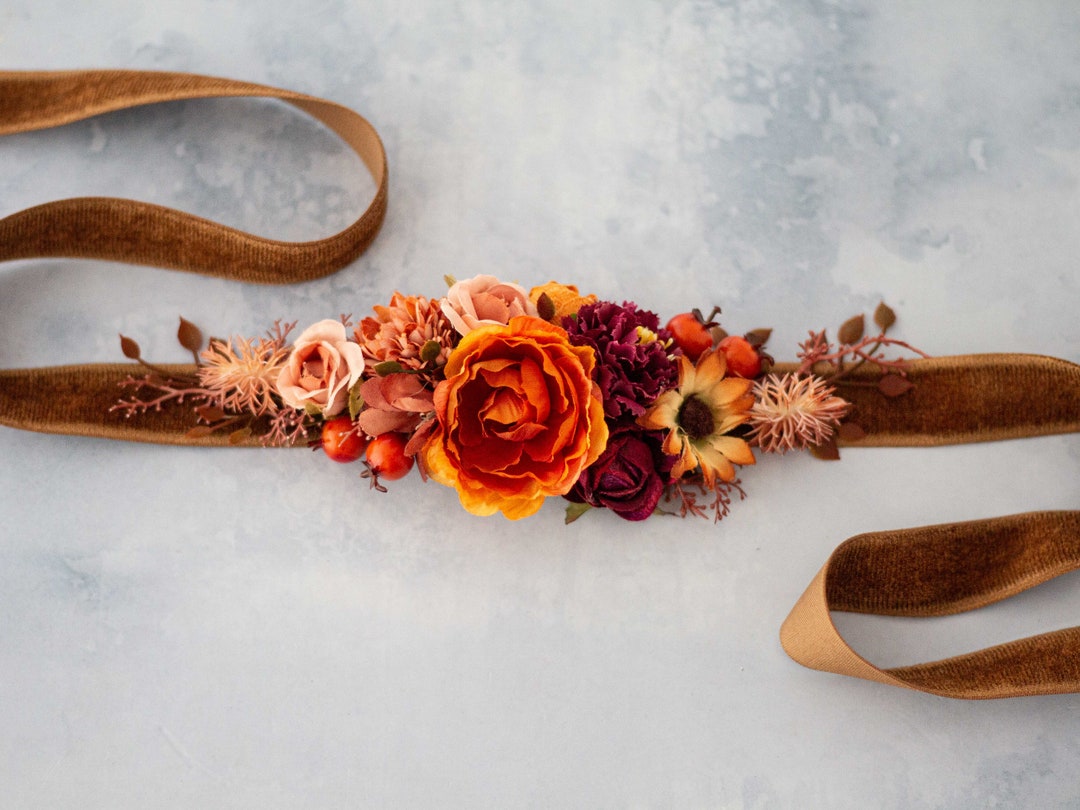 Fall Flower Belt for Wedding Dress, Velvet Flower Belt for Baby Shower