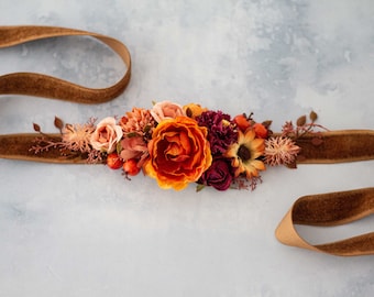 Fall flower belt for wedding dress, velvet flower belt for baby shower, autumn flower belt for pregnancy, burgundy orange flower girl belt