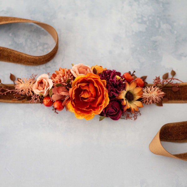 Fall flower belt for wedding dress, velvet flower belt for baby shower, autumn flower belt for pregnancy, burgundy orange flower girl belt