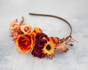 Orange burgundy flower headband, autumn flower crown, fall floral hairpiece, frida kahlo headdress fascinator, bridal hair wreath halo