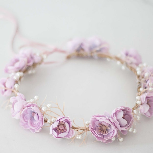 Lilac flower crown wedding, pale purple hair wreath, dainty floral headband, fairy headpiece with pearls, woodland wedding headband