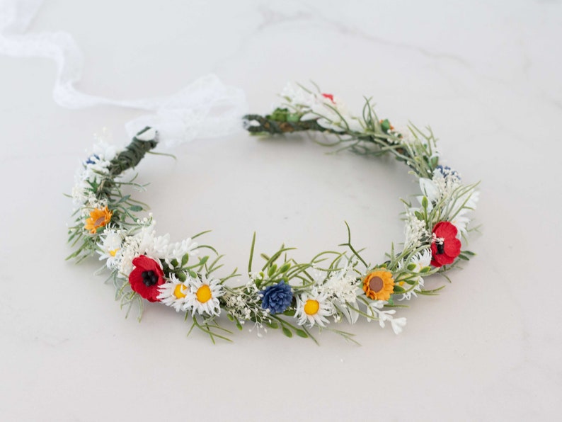 Poppy daisy flower crown wedding, baby's breath headband, dainty flower crown bridal shower, chamomile headpiece, bride flower girl halo image 5