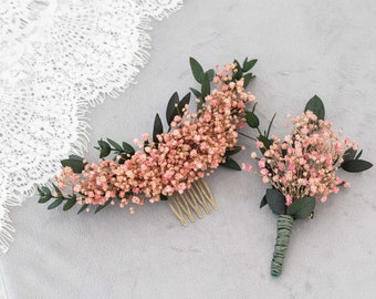 Bridal hair comb and boutonniere, baby's breath hair comb, pink flower comb wedding, dried flower hair comb, baby's breath bridal comb