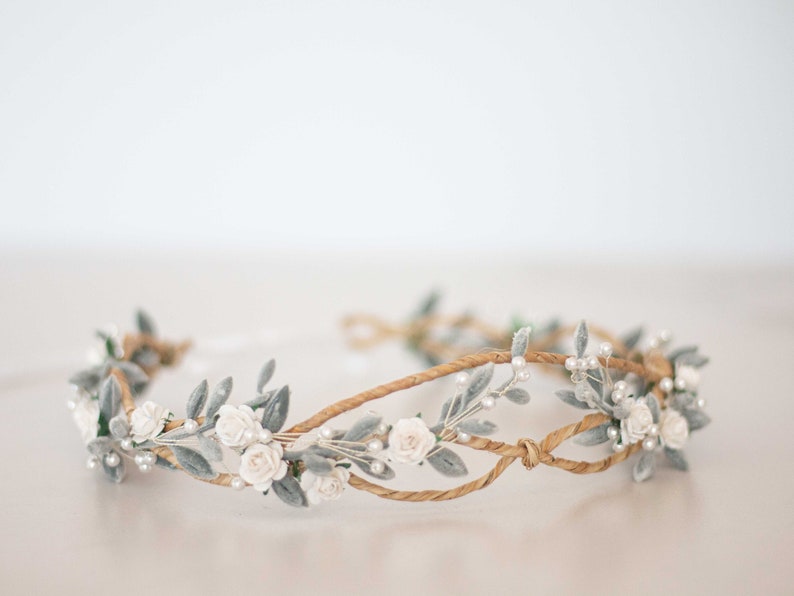 Flower crown wedding, dainty hair wreath, delicate floral headband, bride headpiece, rustic flower garland, minimalistic flower girl halo image 1