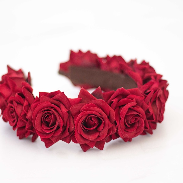 Velvet red rose flower headband, hair band with red roses, dark red rose headpiece, red rose accessory, bachelorette party crown
