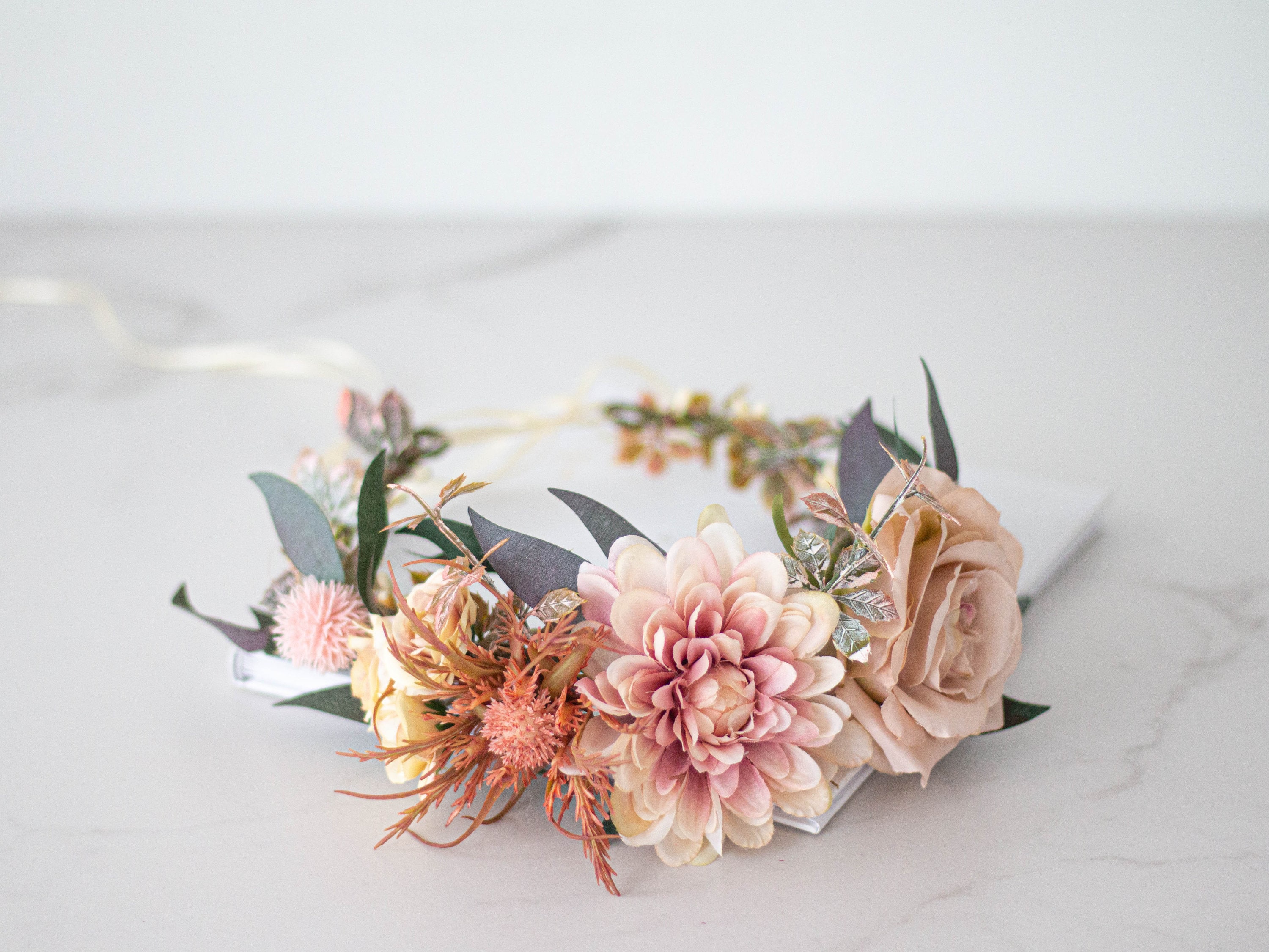 Flower Crown Hair Accessory Beach Wedding Blush Taupe Rose Headband 