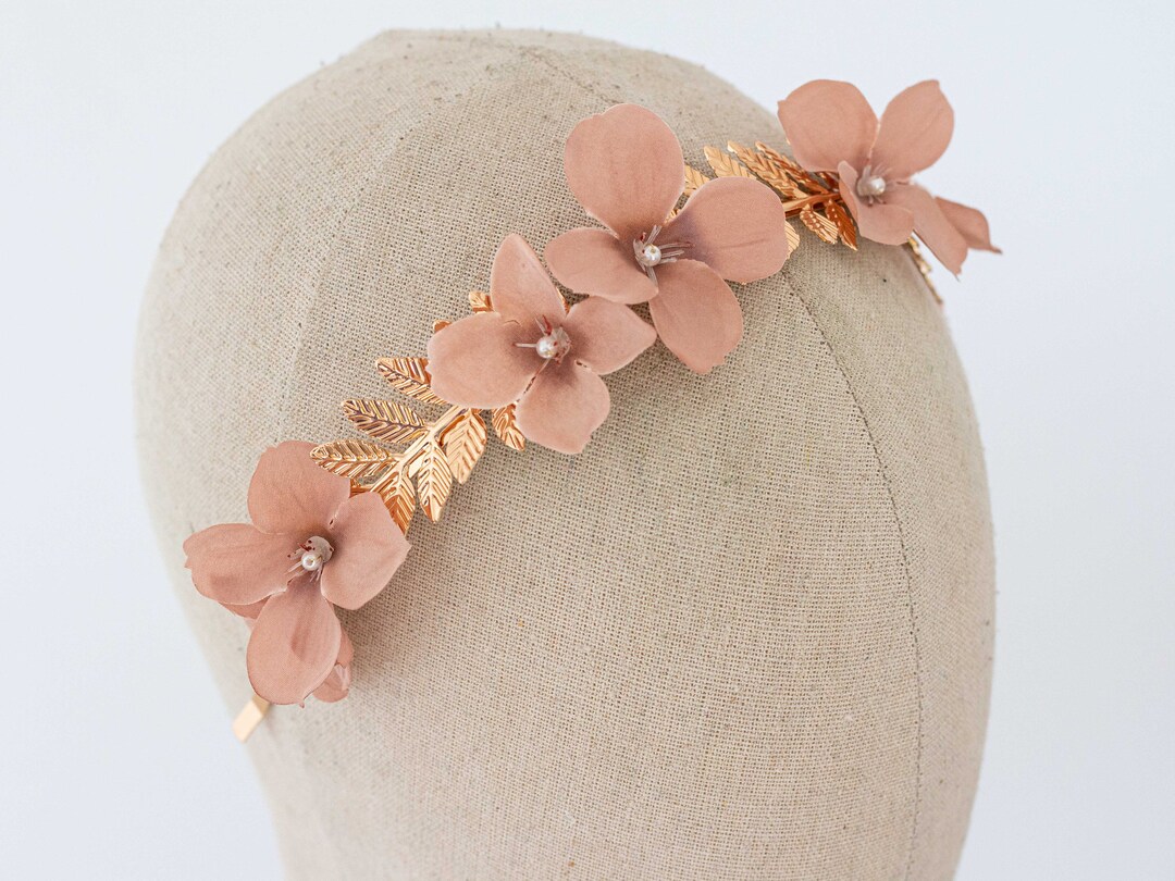 Gold Flower Headband Wedding Dusty Rose Flower Crown Goddess Etsy