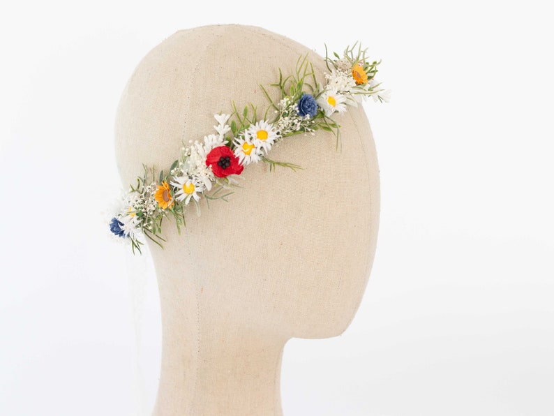Poppy daisy flower crown wedding, baby's breath headband, dainty flower crown bridal shower, chamomile headpiece, bride flower girl halo image 6