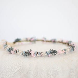 Dried flower crown wedding, pale pink blue hair wreath, bridal headpiece, wild flower hair piece, baby&#39;s breath hairband, flower girl halo