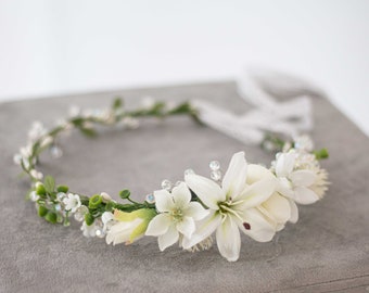 White flower crown wedding, lily of the valley hair wreath, floral headband, bride head piece, crystal flower crown, flower girl halo