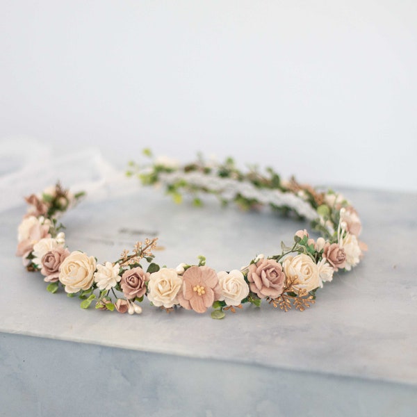 Dusty rose floral crown wedding, dainty flower head piece, vintage pink floral garland, bride boho headband, flower girl halo adjustable