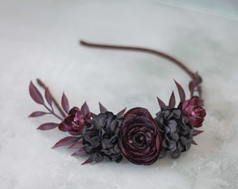 Black burgundy flower headband, dark flower crown, gothic floral hairpiece, frida kahlo headdress fascinator, bridal hair wreath halo