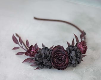 Black Burgundy Flower Headband: Gothic Bridal Hair Wreath