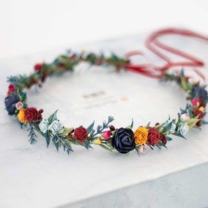 Colorful flower crown, jewel tone hair wreath, bohemian flower crown, tie back floral halo, festival headpiece, bright flower girl head band