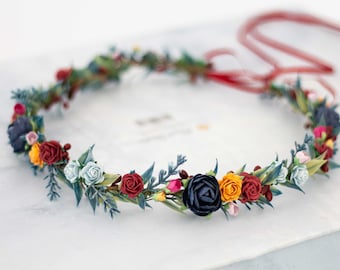 Colorful flower crown, jewel tone hair wreath, bohemian flower crown, tie back floral halo, festival headpiece, bright flower girl head band