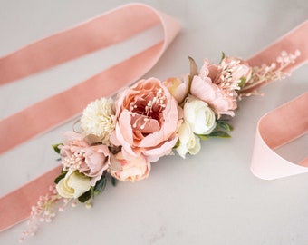 Velvet flower belt for wedding dress, flower sash for baby shower, peach ivory flower belt for pregnancy, peony flower girl belt