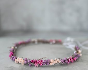 Pink & Purple Dried Flower Crown: Romantic Wedding Headpiece