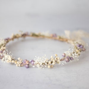 Dried flower crown for wedding, purple floral crown, baby breath headband, dainty flower headband, ivory lavender floral headband image 8