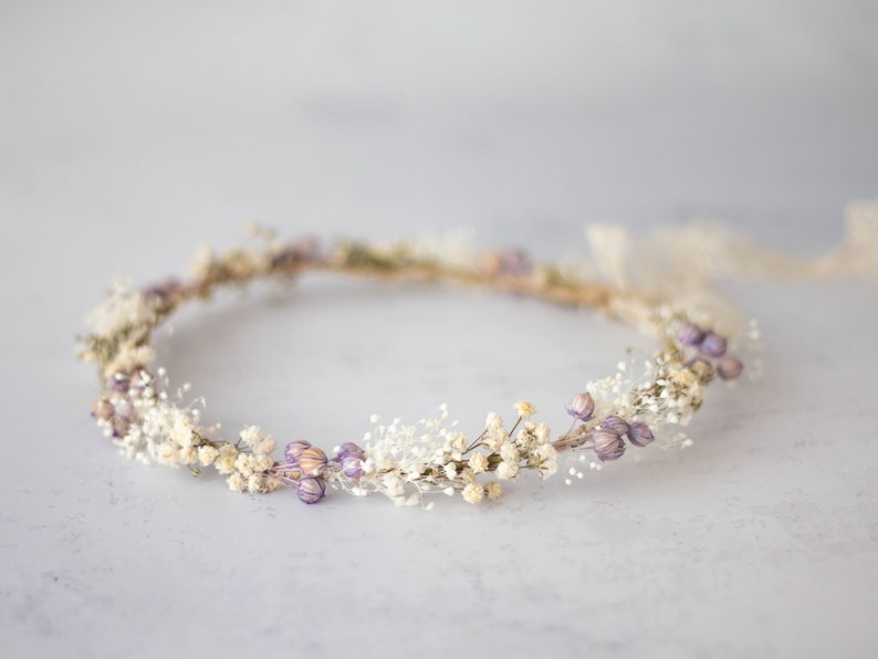 Dried flower crown for wedding, purple floral crown, baby breath headband, dainty flower headband, ivory lavender floral headband image 8