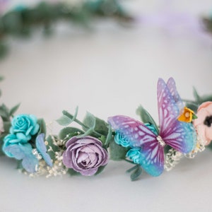 Butterfly flower crown wedding, colorful hair wreath, fairy flower headband, bride bridesmaid flower girl halo, fine headpiece