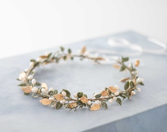 Green gold leaf crown, pearl flower headband, greek flower crown, dainty leaf head band, goddess gold headpiece, flower girl halo adjustable