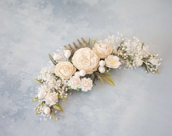 Ivory flower comb wedding, dried flower hair comb, baby's breath bridal comb, woodland flower comb, rustic floral hair comb