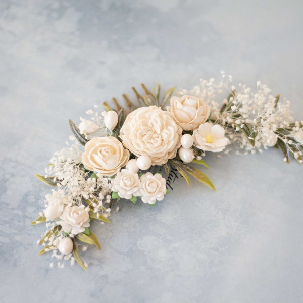 Ivory Flower Bridal Comb: Rustic Wedding Hair Accessory